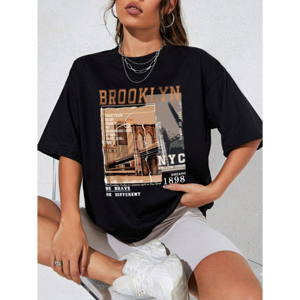 SHEIN Women's Medium Black NYC T-Shirt Brooklyn Bridge Oversized Boxy Tee NIB